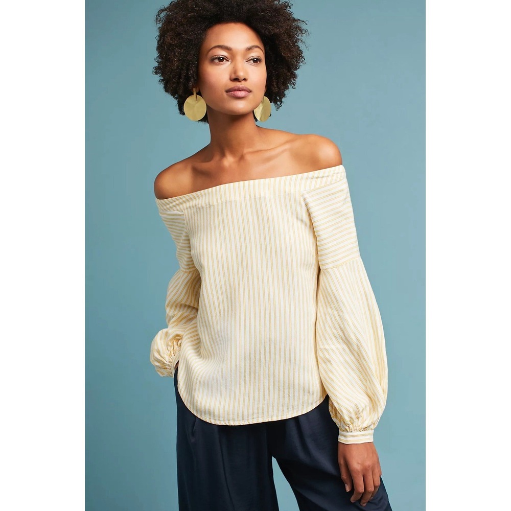 Maeve Anthropologie Clotille Off Shoulder Blouse Yellow Stripe Linen Blend Sz 14